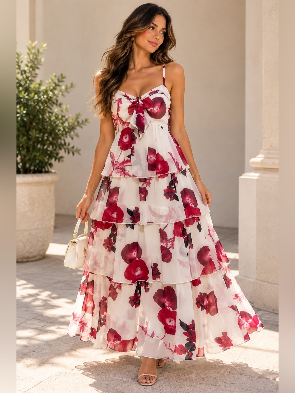 Mossman Floral Tiered Maxi Dress Front Tie Adjustable Straps Red White